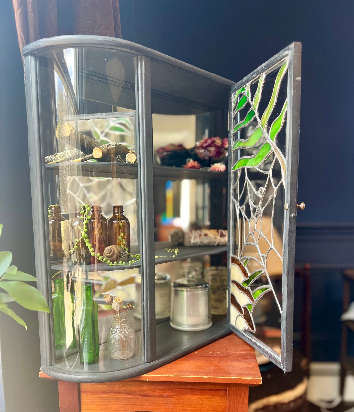 Refinished Curio Cabinet with Stained Glass Panel