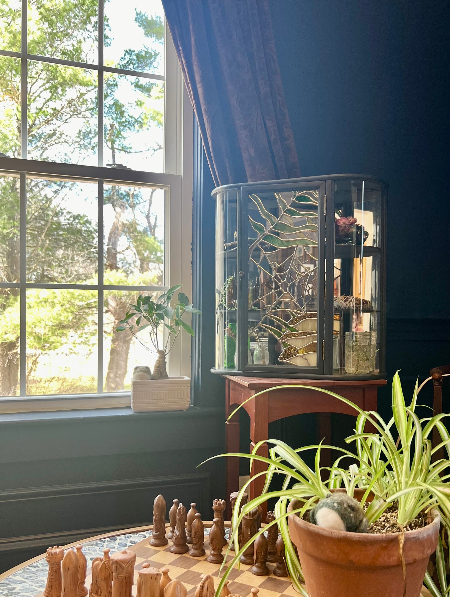 Refinished Curio Cabinet with Stained Glass Panel