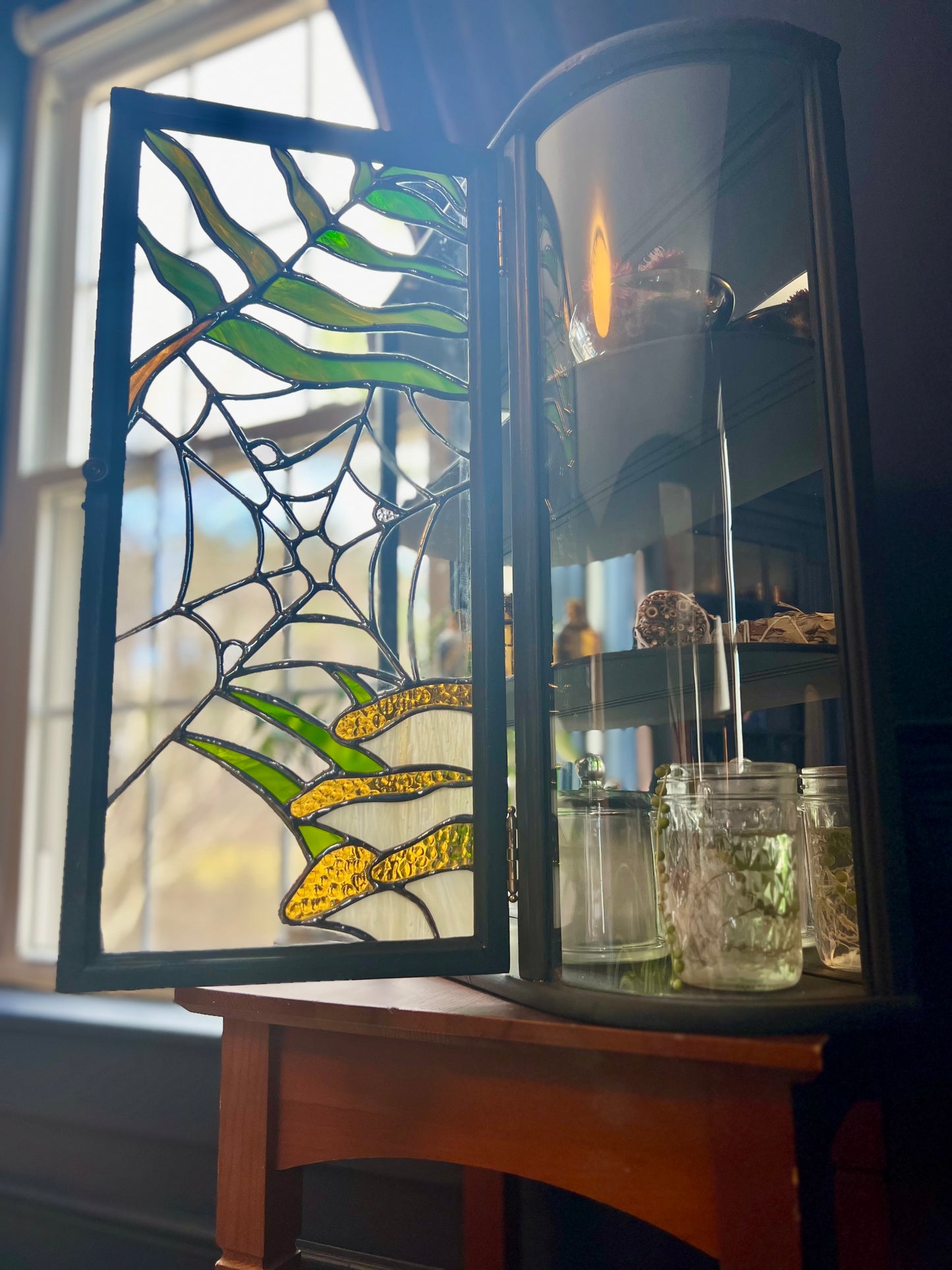 Refinished Curio Cabinet with Stained Glass Panel